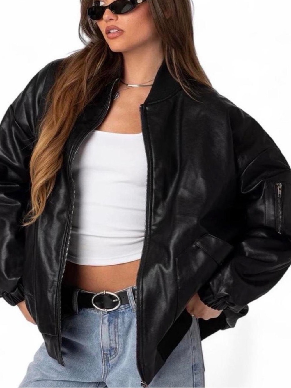Edikted Black Faux Leather Oversized Bomber Jacket NWT